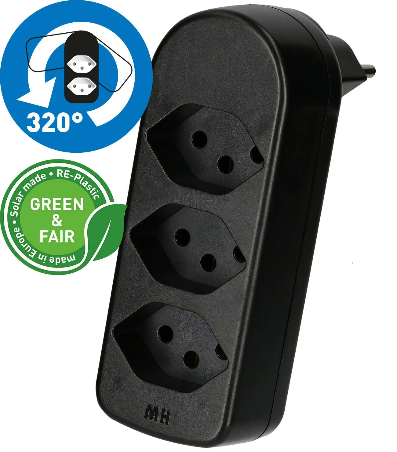 Fiche de dérivation 3 x type 13, fiche orientable à 360° Green+Fair