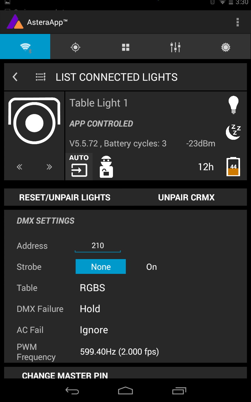 Astera ART7 APP Astera ART7 APP List connected Batterie